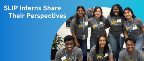 SLIP Interns pose together for a photo with the text “SLIP Interns Share Their Perspectives” on a blue background.